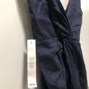 ASOS- Linen plunge knot front midi dress, navy, Size- 6